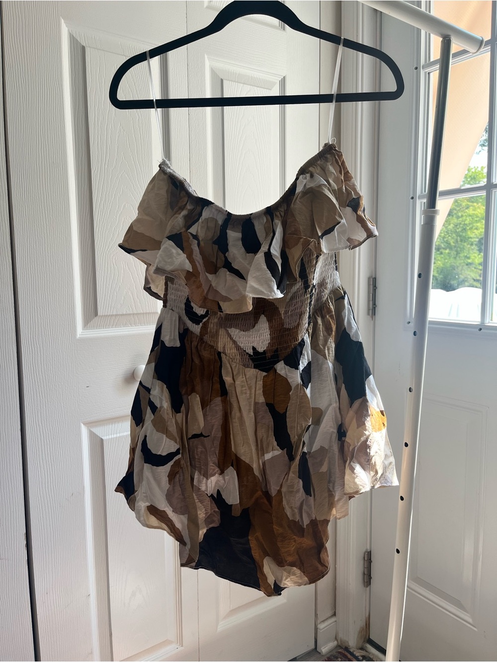 Sleeveless Ruffle Women's Romper in Brown & Black Abstract Print Summer